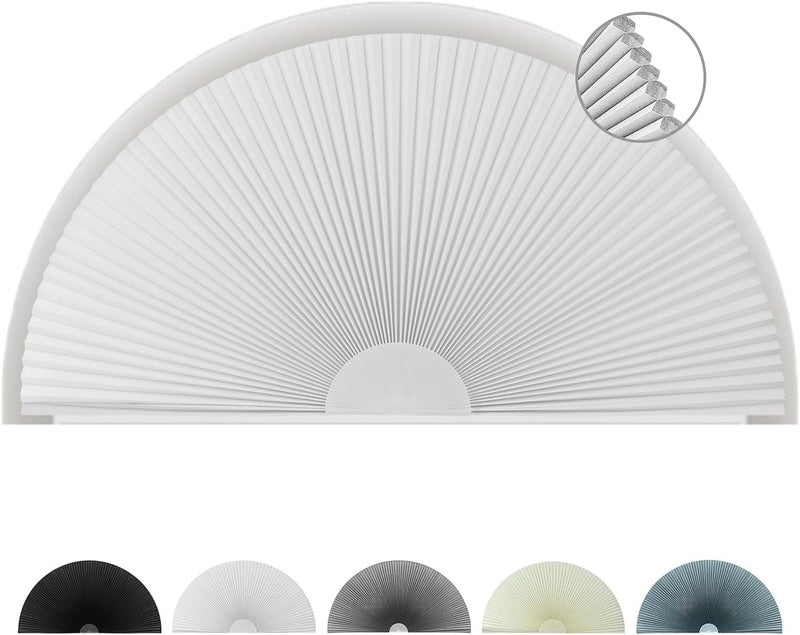 ChYoung Arch Window Shade Blackout, Stick on Cellular Shades Cordless No Drill Honeycomb Blinds, Thermal Insulated UV Protection Fabric Half Circle Window Coverings Room Darkening Shades (White, 36"W x 18"H) - Image 1